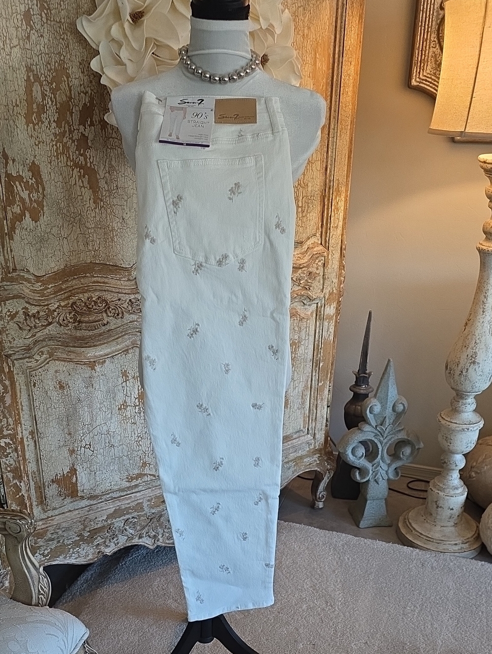 Seven7 White Straight Jeans with Subtle Beige Details